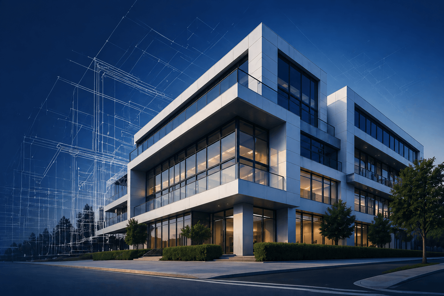 Modern commercial building with blueprint plans